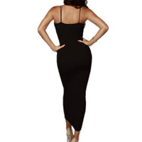 PRIMODA Women's Sexy Neon Asymmetrical Spaghetti Strap Dress Deep V-Neck Sleeveless Bodycon Midi Club Dress(Black,M)