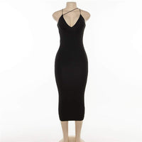 PRIMODA Women's Sexy Neon Asymmetrical Spaghetti Strap Dress Deep V-Neck Sleeveless Bodycon Midi Club Dress(Black,M)