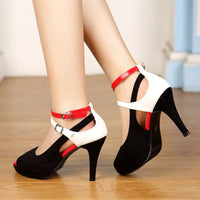 getmorebeauty Women's Snake Stripe Ankle Straps Dress Heeled Sandals (US 6.5, Red Belt)