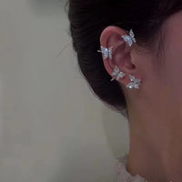 Butterfly Ear Cuffs Earrings Rhinestone Butterfly Ear Wrap No Piercing Ear Cuff Clip On Earrings for Women (Silver)