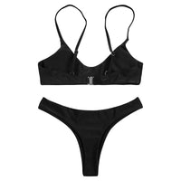 SherryDC Women's Solid Scoop Neck Push Up Padded Brazilian Thong Bikini Swimsuit,Black,(US 2-4) S