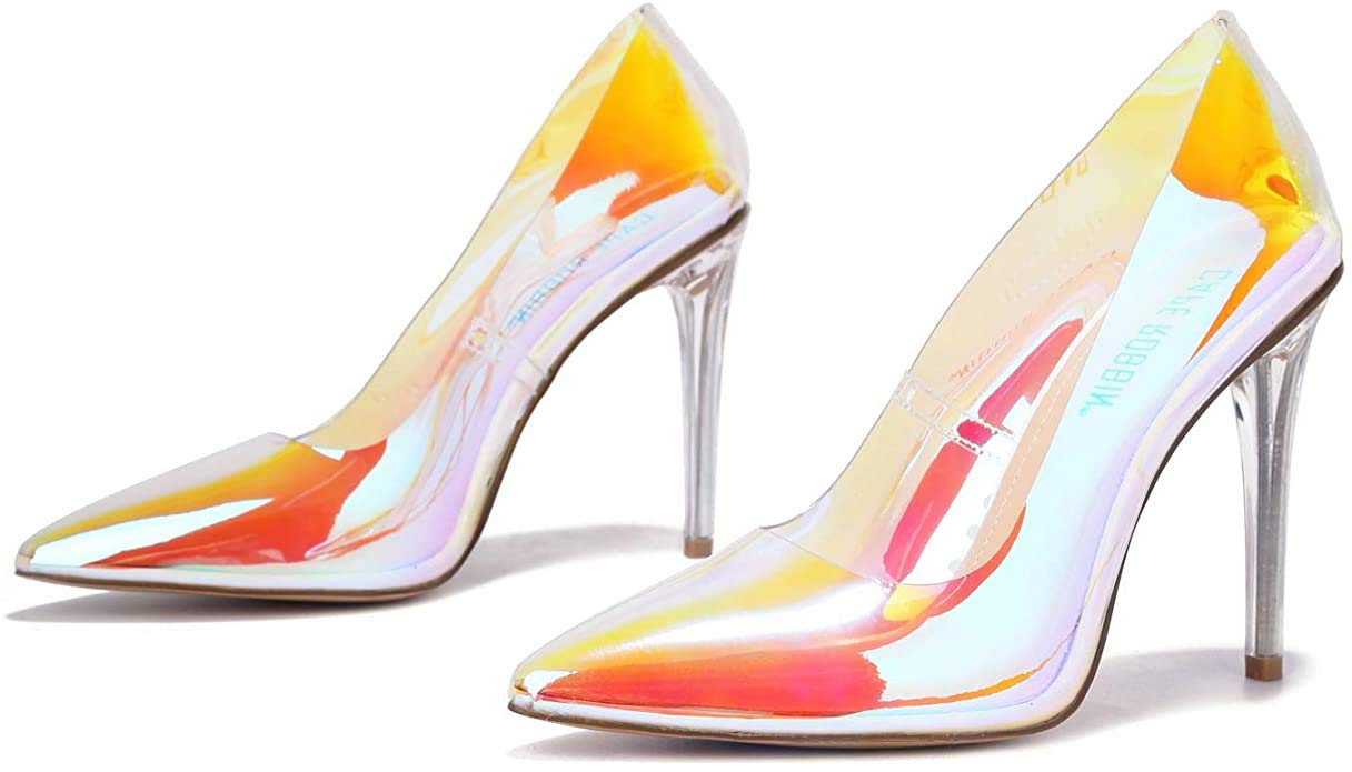 Cape Robbin Glass Doll Clear Stiletto High Heels for Women, Slip On Sexy Shoes with Pointed Toe - Iridescent Size 10