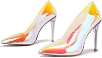 Cape Robbin Glass Doll Clear Stiletto High Heels for Women, Slip On Sexy Shoes with Pointed Toe - Iridescent Size 10
