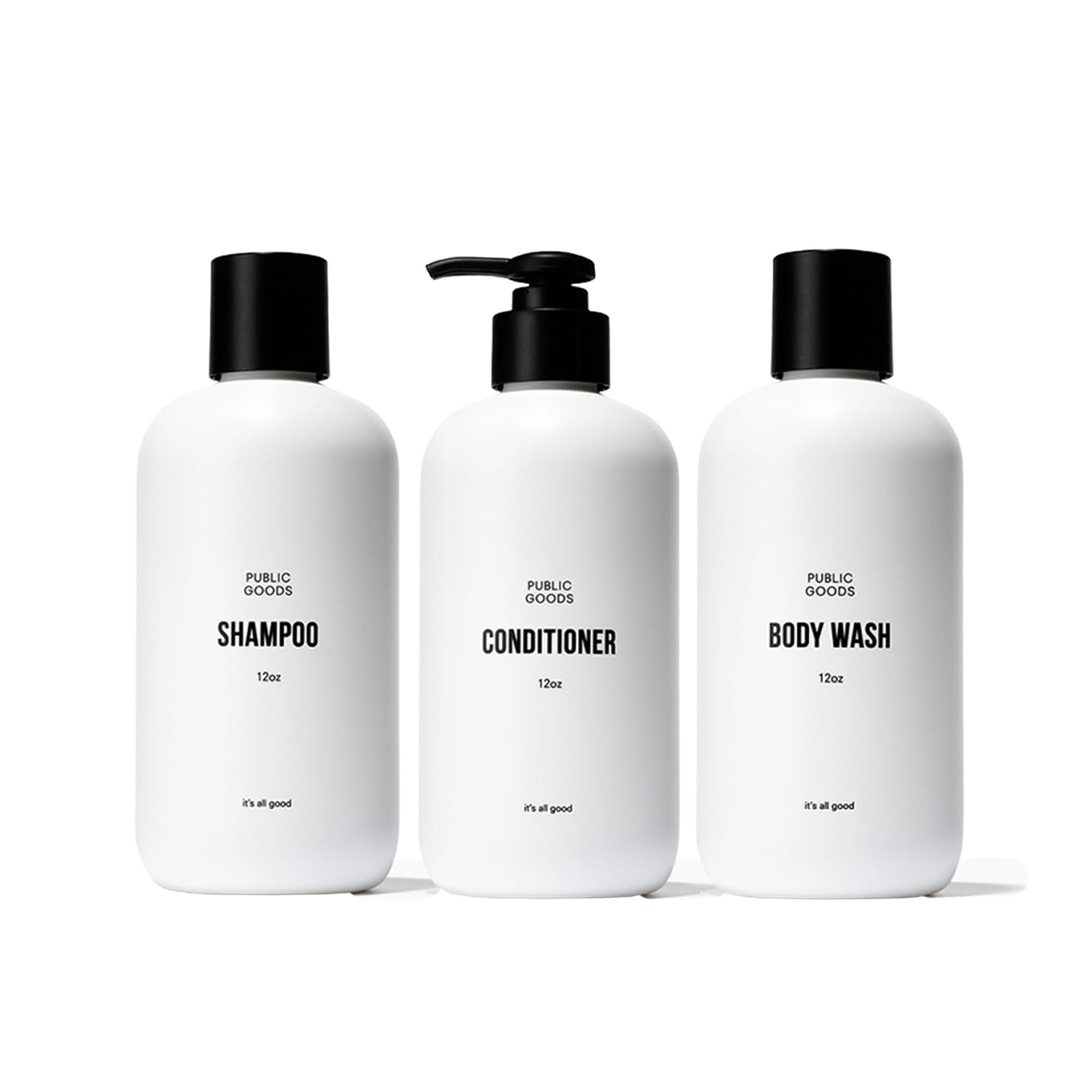 Public Goods Shower Essentials for Men and Women | Natural Shampoo, Conditioner & Body Wash | Made with Organic Essential Oils | Sulfate & Paraben Free | Vegan Friendly | 12 Fl Oz Bottles