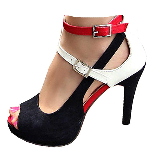 getmorebeauty Women's Snake Stripe Ankle Straps Dress Heeled Sandals (US 6.5, Red Belt)
