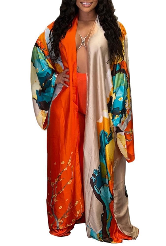 cu4eve Summer Cardigan For Women Lightweight Satin Open Front Long Kimono Swimsuit Cover Ups Silk Robe Plus Size