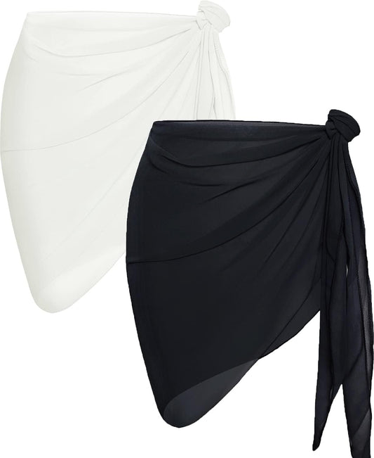 2 Pieces Women Beach Sarong Bathing Suit Wrap Skirt Sheer Bikini Swimsuit Cover Ups for Swimwear (White and Black)
