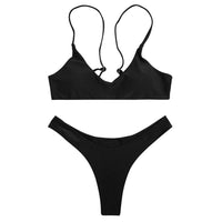 SherryDC Women's Solid Scoop Neck Push Up Padded Brazilian Thong Bikini Swimsuit,Black,(US 2-4) S