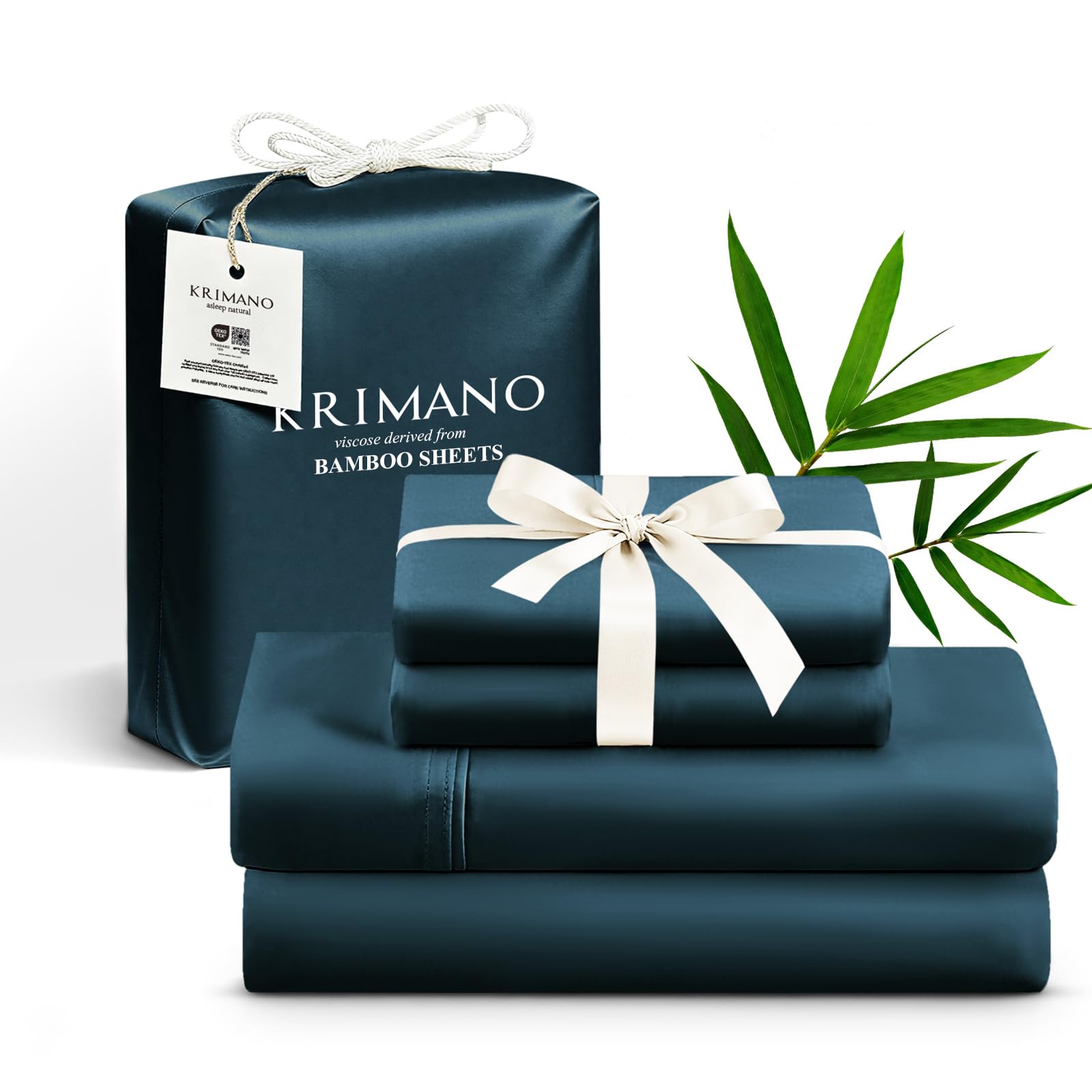 KRIMANO King Size Sheet Set, Viscose Bamboo Sheets for Bed Set 4pcs, 100% Viscose Derived from Bamboo, Hotel Luxury Silky & Cooling for Hot Sleepers, Deep Pocket Up to 17", Navy Blue