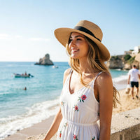 DRESHOW Women Straw Panama Hat Travel Fedora Beach Sun Hat Summer Wide Brim Straw Roll up Hats UPF 50+