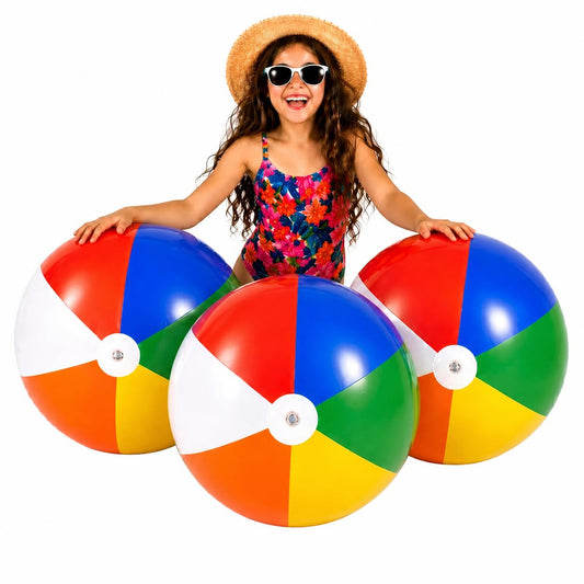 4E's Novelty Beach Balls [3 Pack] 20" Inflatable Beach Balls for Kids - Pool Games Toys for Kids & Toddlers, Classic Rainbow Color, Easter Outdoor Yard Games