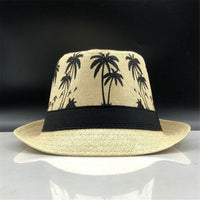 ECYC Ltd Unisex Panama Straw Hats Short Brim Fedora Straw Hat Trilby Hat Palm Tree Print Summer Beach Sun Hat Cap for Men Women