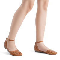 MaxMuxun Sandals for Women 2026 Roman Ankle Strap Low Wedge Heel Flats for Women Cage Closed Toe Flat Sandals with Cushioned Footbed Camel