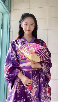 Japanese Anime Women's Dance Kimono Robe Fancy Dress Yukata Silk Folding Fans Tabi Hairstick Socks Set Purple Large