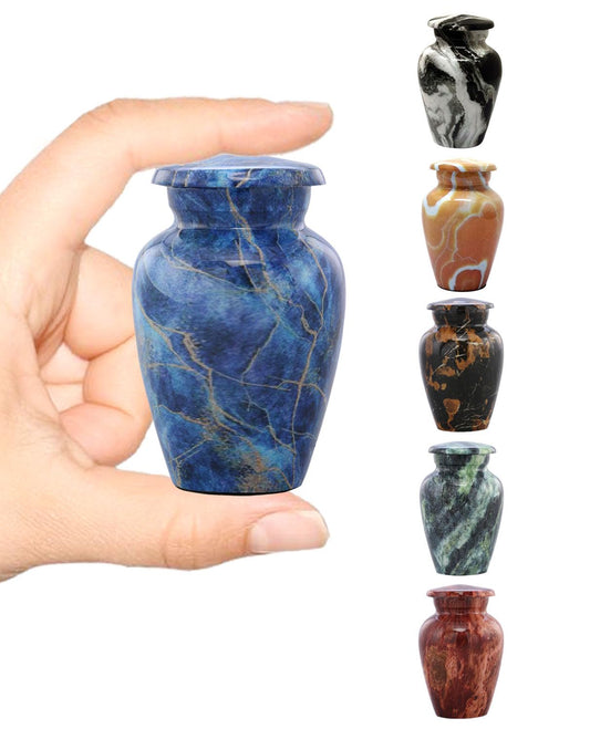 Marble Finish Keepsake Sharing Urn – Mini Metal Cremation Urn for Human or Pet Ashes – Small Memorial Token Urn with Velvet Bag & Funnel – A Perfect Tribute & Gift for Families (Exotic Blue)
