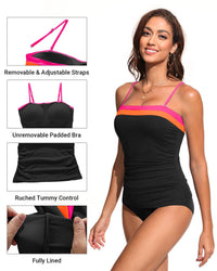 Daci Black Pink Color Block Bandeau Tankini Swimsuits for Women - Two Piece Ruched Tummy Control Bathing Suit Strapless Swimwear with Bottom L