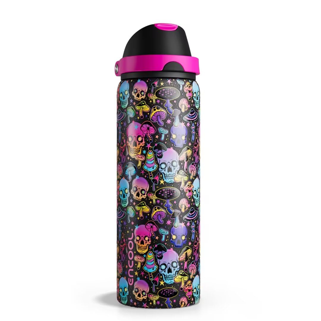 Insulated Water Bottle with Straw - Encool Stainless Steel Water Bottle with Push Button Lid, Leak-Proof & BPA-Free, Keeps Cold for 24 Hours for Sports, Travel, Gym (32 oz, Trippy Skulls)