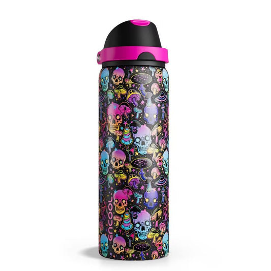 Insulated Water Bottle with Straw - Encool Stainless Steel Water Bottle with Push Button Lid, Leak-Proof & BPA-Free, Keeps Cold for 24 Hours for Sports, Travel, Gym (32 oz, Trippy Skulls)
