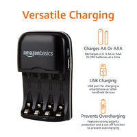Amazon Basics Rechargeable Battery Charger for AA & AAA Ni-MH Batteries with USB Port, Portable, Travel-Friendly, Over-Charge Protection, Black