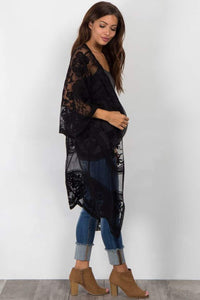 Womens Lace kimono cardigan Sheer Beach Blouses Long Bikini Coverup Vintage Top(Black)