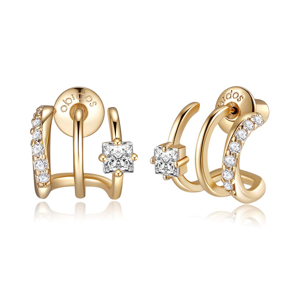 Obidos 14K Gold Plated Illusion Stud Earrings for Women | Triple Huggie Hoop Earrings for One Hole| Trendy Simple Hypoallergenic Fashion Accessories Gold Jewelry Gifts for Womens (Yellow Gold)