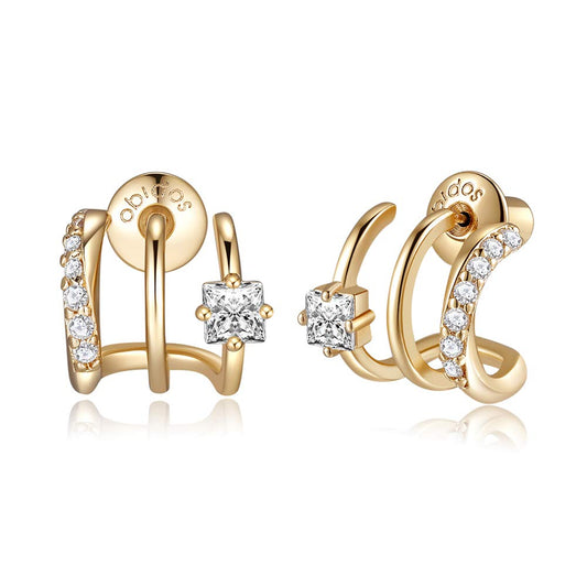Obidos 14K Gold Plated Illusion Stud Earrings for Women | Triple Huggie Hoop Earrings for One Hole| Trendy Simple Hypoallergenic Fashion Accessories Gold Jewelry Gifts for Womens (Yellow Gold)