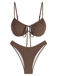 ZAFUL Women High Cut Bikini Sets String Sexy Swimsuit Two Piece Underwire Bathing Suit Brazilian Cheeky Cut Out Cute Swimwear Coffee M