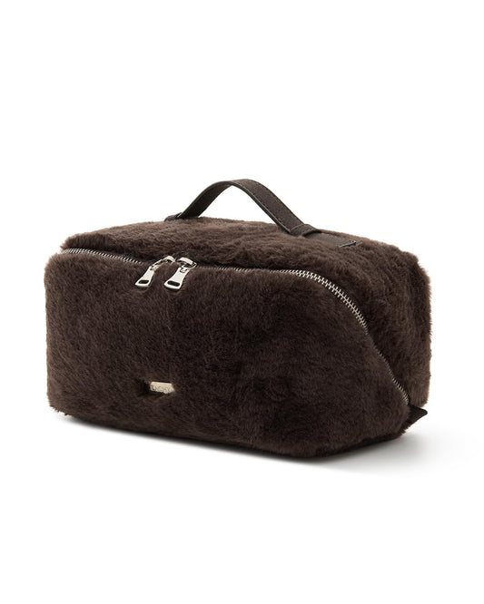 EACHY Travel Makeup Bag,Cute Faux Fur Cosmetic Bag for Women,Portable 180°Wide-Open Flat Make Up Bag,Large Capacity Makeup Pouch Make Up Organizer with Divider and Handle