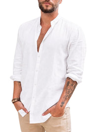 Makkrom Men Linen Shirt Button Down Long Sleeve Cotton Beach Band Collar Casual Summer Shirts