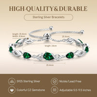 FANCIME May Birthstone Teardrop Emerald Tennis Bracelet for Women, Sterling Silver 9x7mm main Gemstone Bolo Adjustable Chain Bracelet Fine Jewelry Birthday Gifts for Women Mom Wife Her
