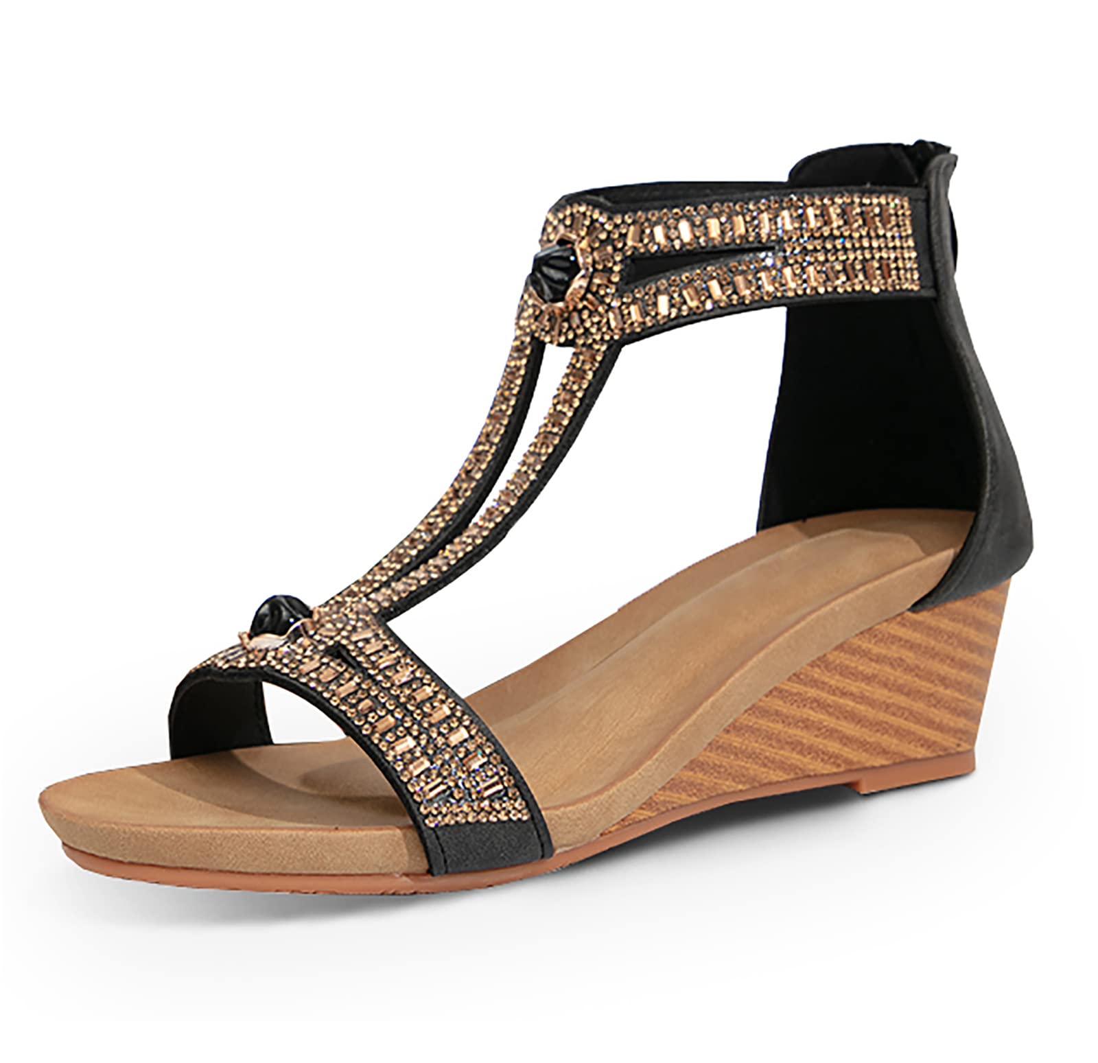 FRALOSHA Wedge Sandals for Women Open Toe Casual Summer Roman High Heel Breathable Beach Sandals Black 8