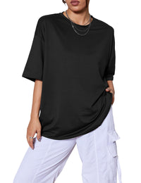 Kinglaman 5 Pack Womens Oversized T Shirts Crew Neck Loose Fit Short Sleeve Tshirts Summer Workout Plus Size Tee Tops 1 Black 1 White 1 Army Green 1 Khaki 1 Dark Pink Large