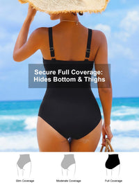 Smismivo Tummy Control Swimsuits for Women Slimming One Piece Bathing Suit Modest Padded Ruched Push Up Long Torso Curvy Shapewear V Neck Criss Cross Swimming Suits Full Coverage Swimwear (Black)