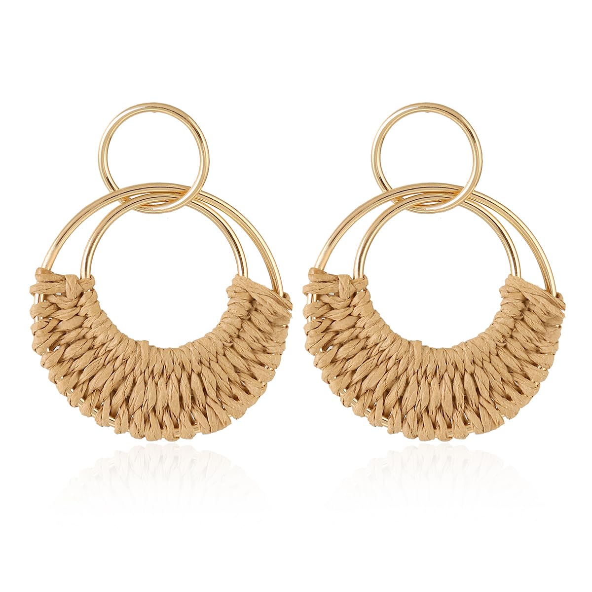 Handmade Raffia Hoop Earrings Statement Tropical Bohemian Straw Dangle Earrings Natural Rattan Vacation Style Round Earrings for Women Summer Beach Party Essential Jewelry (Boho style A)