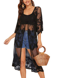 Womens Lace kimono cardigan Sheer Beach Blouses Long Bikini Coverup Vintage Top(Black)