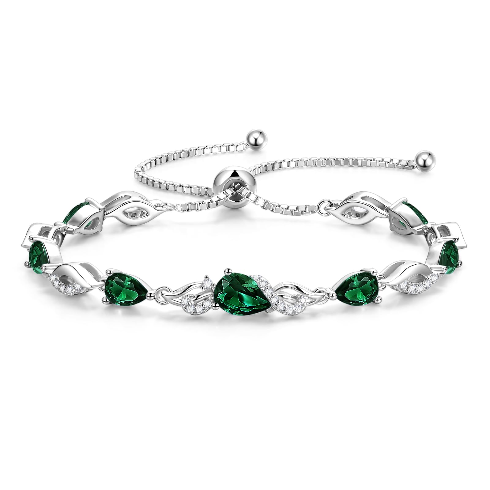 FANCIME May Birthstone Teardrop Emerald Tennis Bracelet for Women, Sterling Silver 9x7mm main Gemstone Bolo Adjustable Chain Bracelet Fine Jewelry Birthday Gifts for Women Mom Wife Her