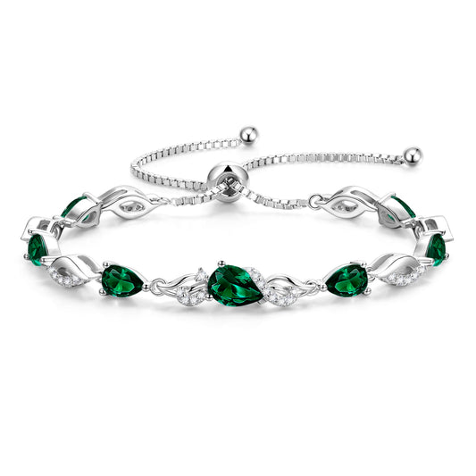 FANCIME May Birthstone Teardrop Emerald Tennis Bracelet for Women, Sterling Silver 9x7mm main Gemstone Bolo Adjustable Chain Bracelet Fine Jewelry Birthday Gifts for Women Mom Wife Her