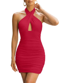 REORIA Women's Sexy Mini Dress Halter Sleeveless Backless Bodycon Criss Cross Ruched Short Dresses Party Night Club Outfits Watermelon Small
