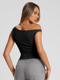 Trendy Queen Women's Off The Shoulder Tank Top, Sleeveless Stretchy Going Out Crop Top, Y2K Fashion T-Shirt for Summer Black M