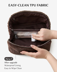 EACHY Travel Makeup Bag,Cute Faux Fur Cosmetic Bag for Women,Portable 180°Wide-Open Flat Make Up Bag,Large Capacity Makeup Pouch Make Up Organizer with Divider and Handle