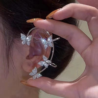 Butterfly Ear Cuffs Earrings Rhinestone Butterfly Ear Wrap No Piercing Ear Cuff Clip On Earrings for Women (Silver)