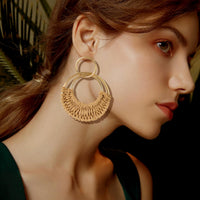 Handmade Raffia Hoop Earrings Statement Tropical Bohemian Straw Dangle Earrings Natural Rattan Vacation Style Round Earrings for Women Summer Beach Party Essential Jewelry (Boho style A)