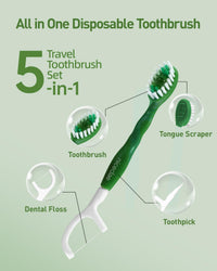 nicedae Disposable Mini Travel Toothbrush Bulk with Toothpaste 5in1 60Ct Portable Toothbrushes Set Floss Pick Tongue Scraper Cruise and Travel Essentials (Green)