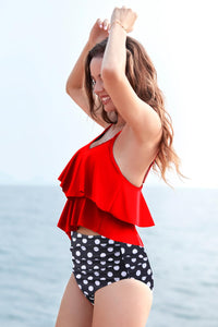 Womens High Waisted Bathing Suits Flounce Halter Tank Top Bikini Bottoms Tummy Control Modest Swimwear Two Piece Swimsuits Tankini Red Polka L