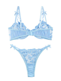 Lilosy Sexy Cute Underwire Push Up Strappy Heart Embroidered Mesh Sheer Lingerie Set for Women Bachelorette See Through Bra and Panty 2 Piece Bow Light Blue Small