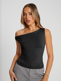 Trendy Queen Women's Off The Shoulder Tank Top, Sleeveless Stretchy Going Out Crop Top, Y2K Fashion T-Shirt for Summer Black M