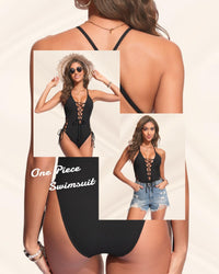 Tempt Me Women Black Sexy Lace Up One Piece Swimsuit Deep Plunge V Neck High Cut Bathing Suits L