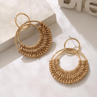 Handmade Raffia Hoop Earrings Statement Tropical Bohemian Straw Dangle Earrings Natural Rattan Vacation Style Round Earrings for Women Summer Beach Party Essential Jewelry (Boho style A)