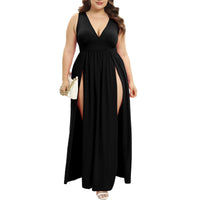 SILUI Women's Summer 2026 Sexy Double High Slit Deep V Neck Plus Size Sundresses Thigh Split Maxi Club Party Dresses