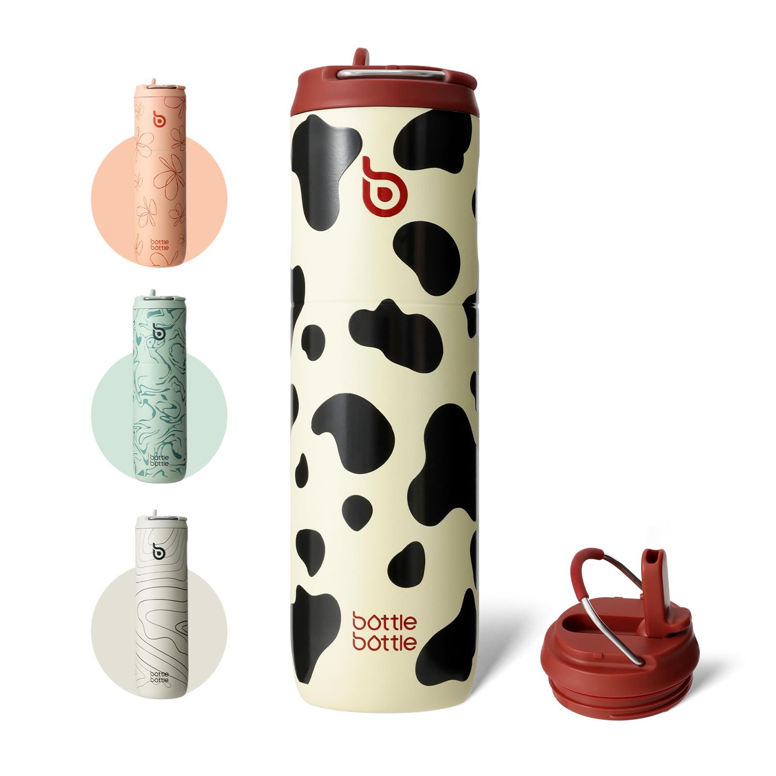 BOTTLE BOTTLE Insulated Water Bottle 24oz with Straw Lid and Handle for Sports Travel Gym Stainless Steel Water Bottles Double-Wall Vacuum Metal Leak Proof BPA-Free (Cow)